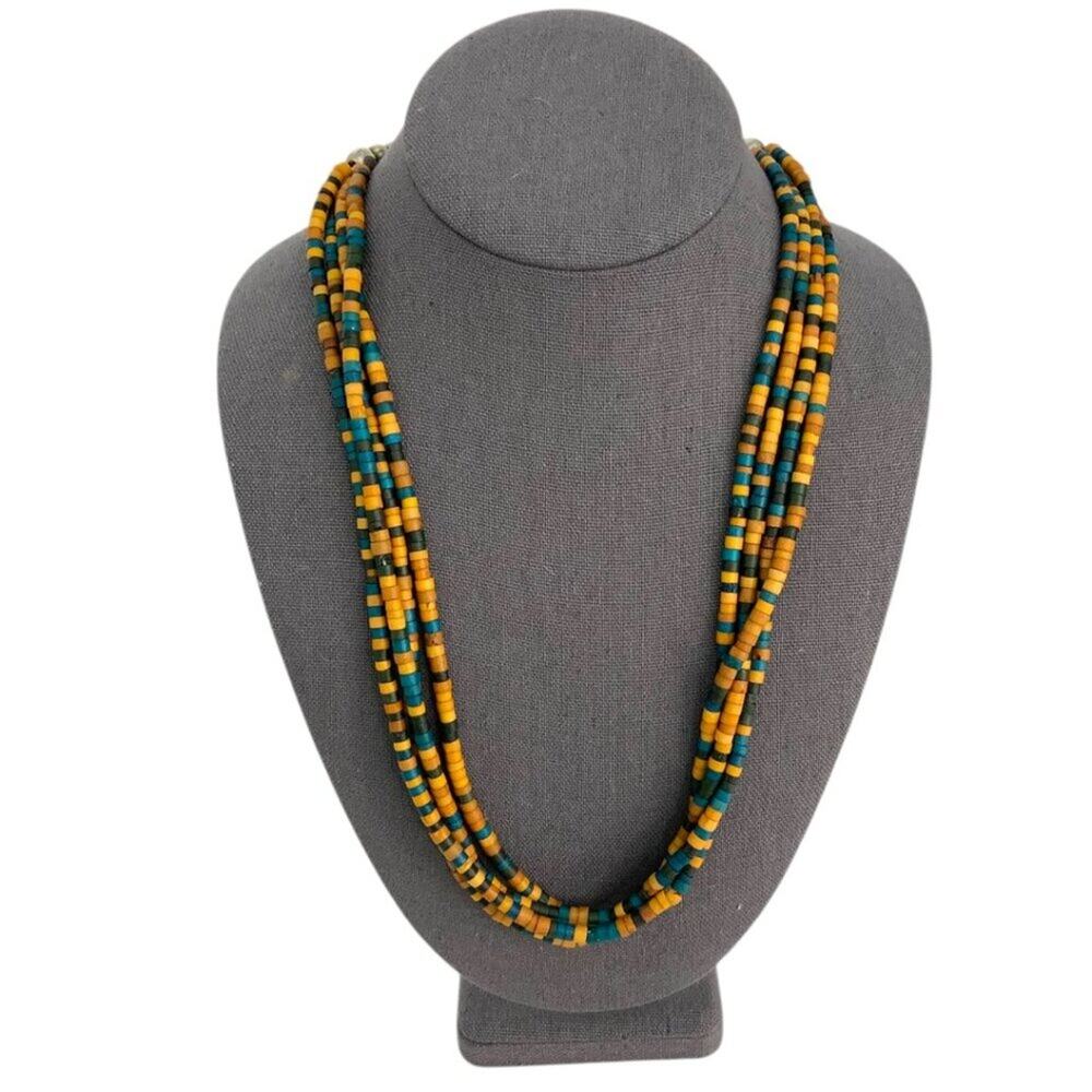 Vintage Beaded Multi Strand Layered Necklace Tan Blue
